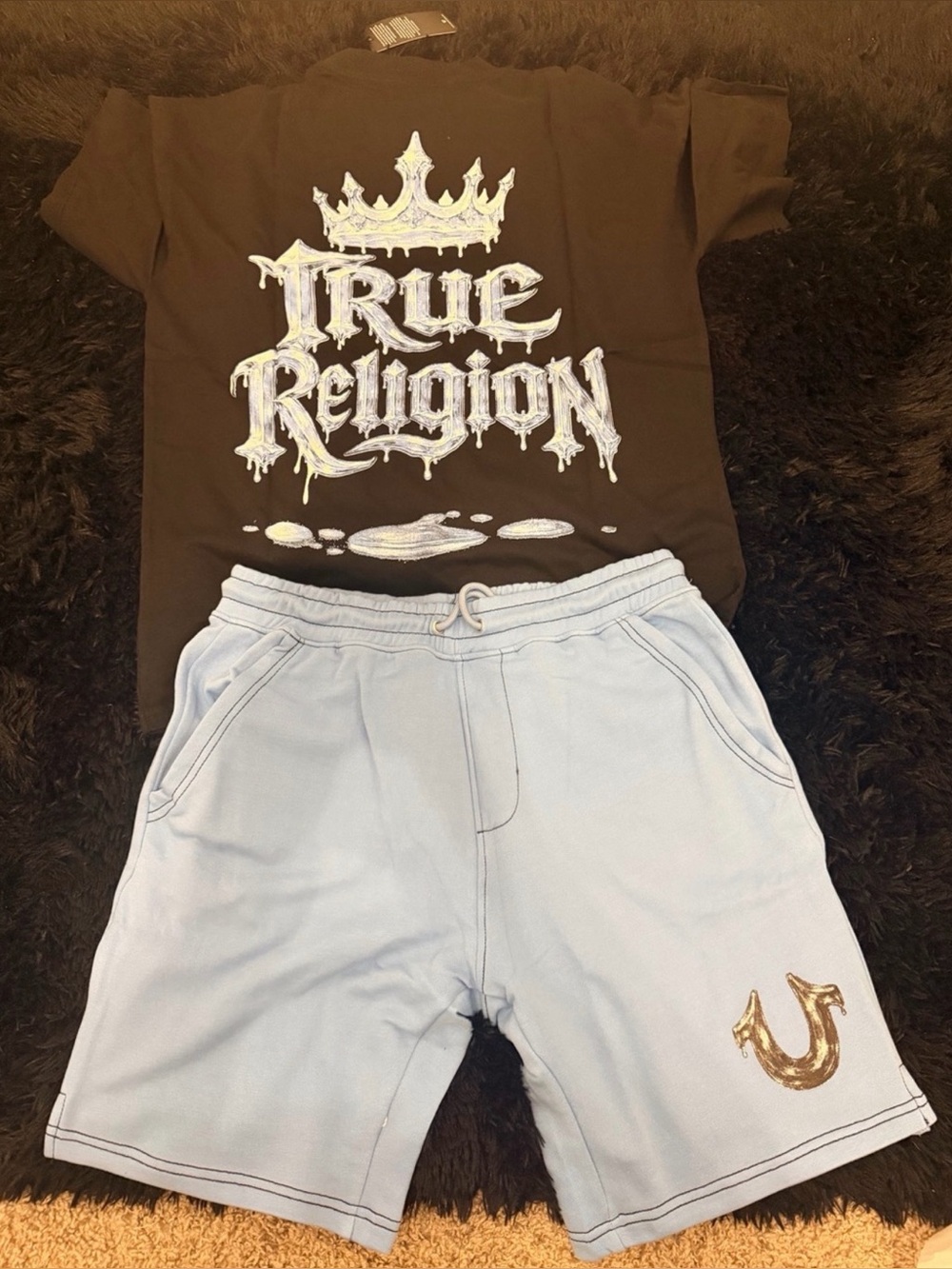 Light Blue Men's Drawstring Shorts with black Logo